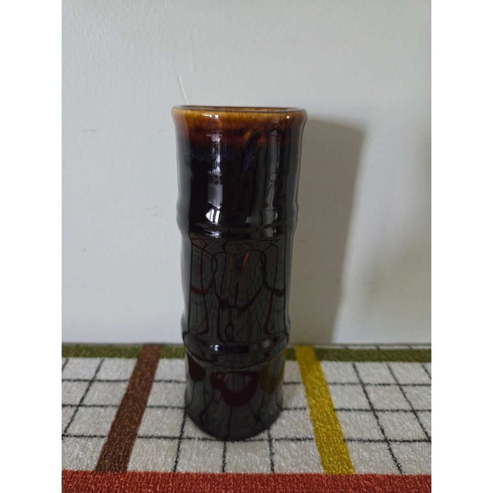 Vintage Libbey Ceramic Bamboo Tiki Mug Brown Drip Glaze Tropical Barware 7in
